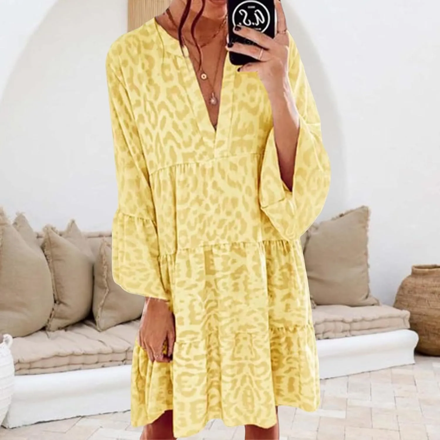 Boho Dresses for Women 2025 Long Sleeve V Neck Dress Casual Spring Summer Midi Dress Flowy Beach Vacation Dresses