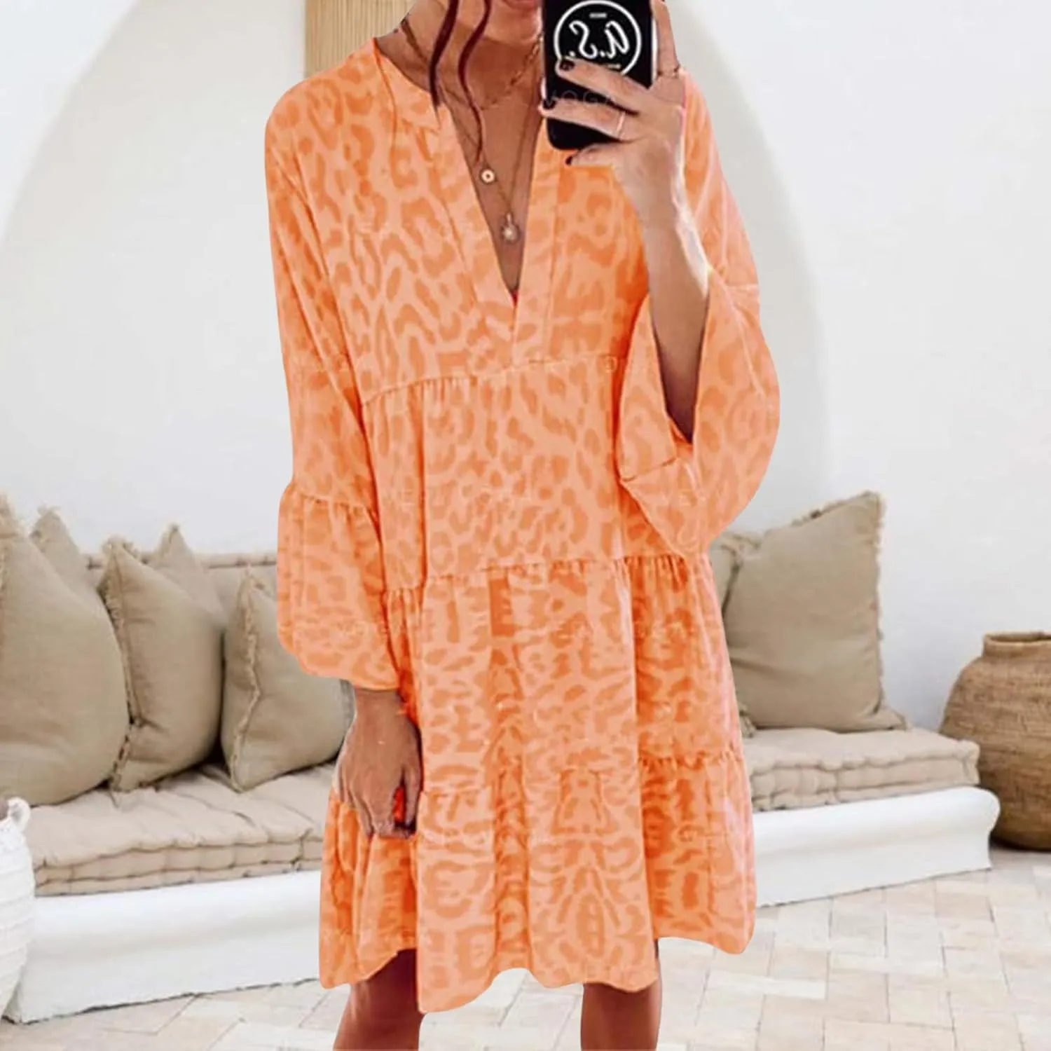Boho Dresses for Women 2025 Long Sleeve V Neck Dress Casual Spring Summer Midi Dress Flowy Beach Vacation Dresses