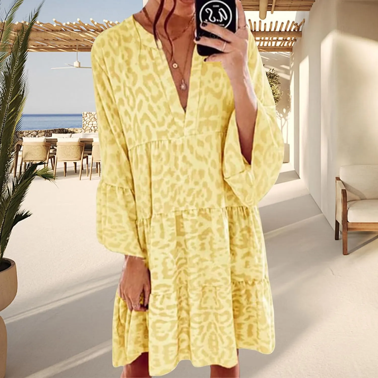 Boho Dresses for Women 2025 Long Sleeve V Neck Dress Casual Spring Summer Midi Dress Flowy Beach Vacation Dresses
