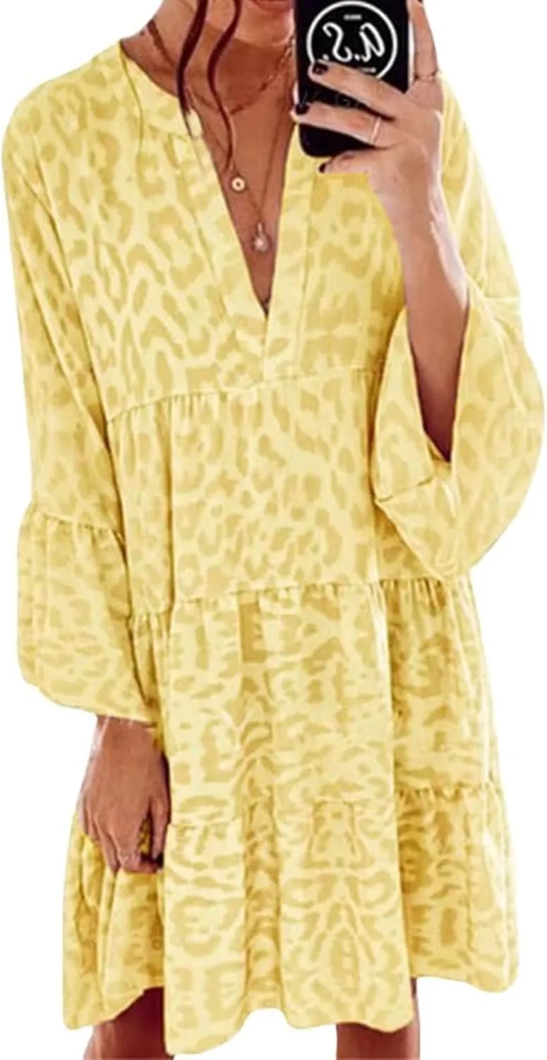 Boho Dresses for Women 2025 Long Sleeve V Neck Dress Casual Spring Summer Midi Dress Flowy Beach Vacation Dresses