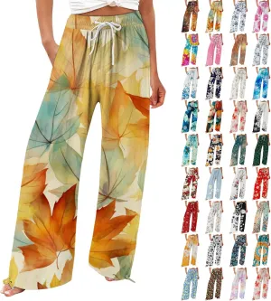 Boho Pants for Women Floral Print Cotton Linen Pant Elastic Waist Drawstring Summer Beach Baggy Trousers with Pocket