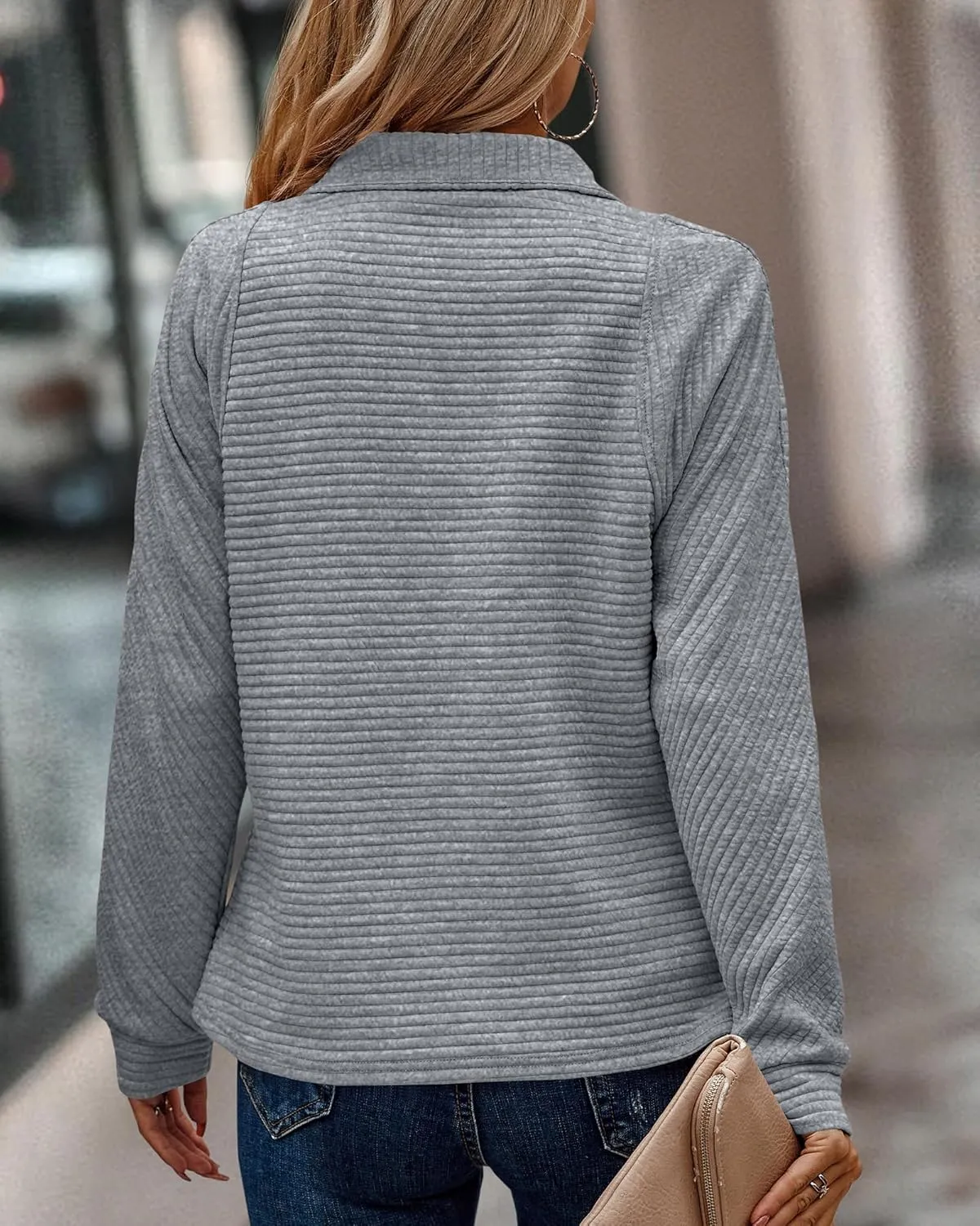 BTFBM Womens 2024 Fall Fashion Quarter Zip Sweatshirts Half Zip Casual Long Sleeve Solid Color V Neck Pullover Tops