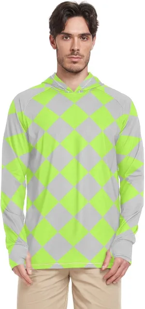 Buffalo Plaid Yellow Green Gray Men's Sun Shirt Hoodie Long Sleeve Sun Shirt With Hood UPF 50  Quick-Dry Mens Rash Guard Adult Rash Guards camisas de pesca para hombres