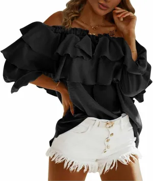 Byinns Women's Off Shoulder Ruffle Trendy Summer Fashion Long Sleeve Blouse Sexy Dressy Casual Outfits Layered Tops