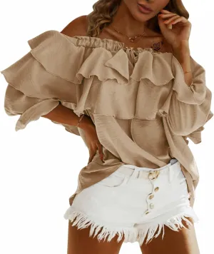 Byinns Women's Off Shoulder Ruffle Trendy Summer Fashion Long Sleeve Blouse Sexy Dressy Casual Outfits Layered Tops