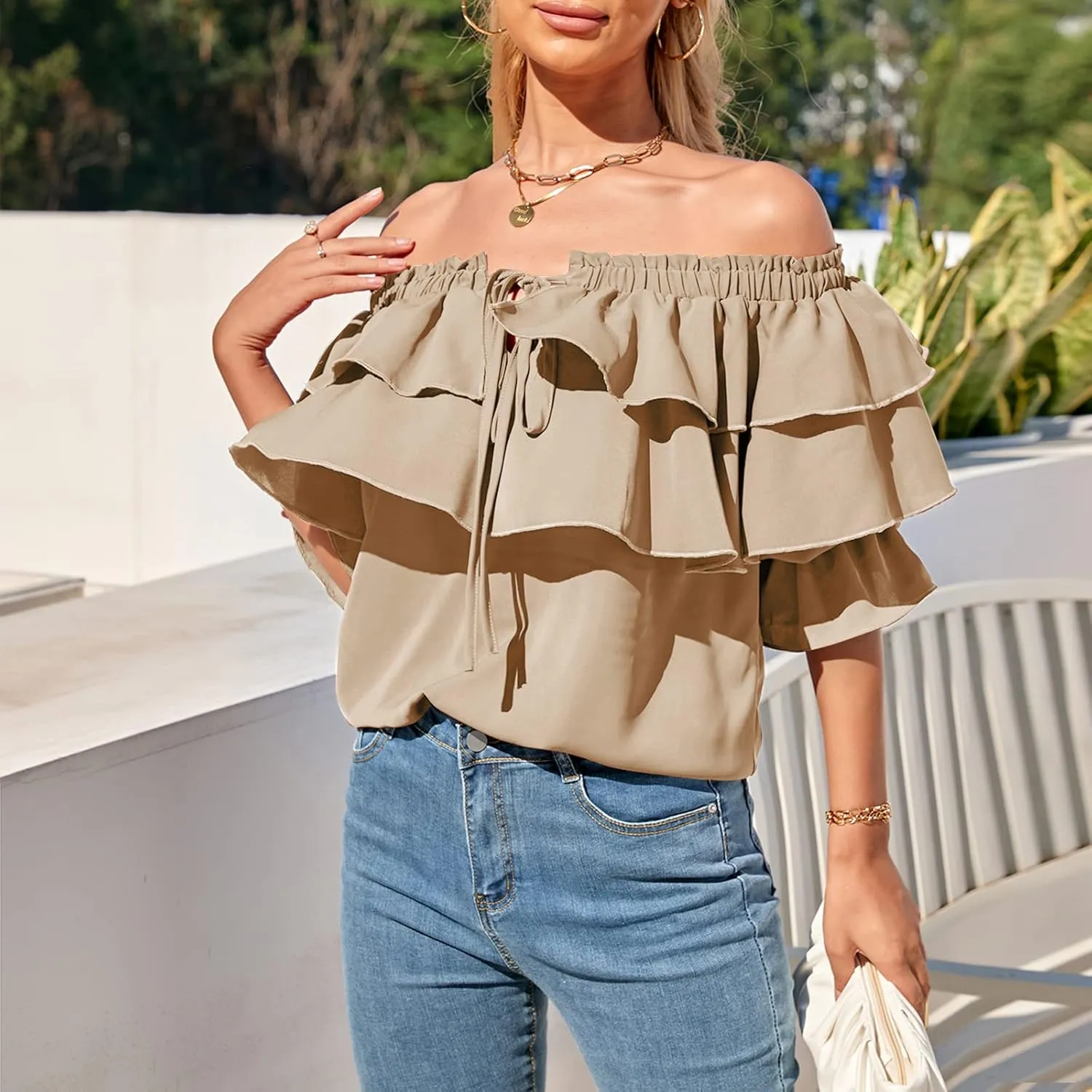 Byinns Women's Off Shoulder Ruffle Trendy Summer Fashion Long Sleeve Blouse Sexy Dressy Casual Outfits Layered Tops