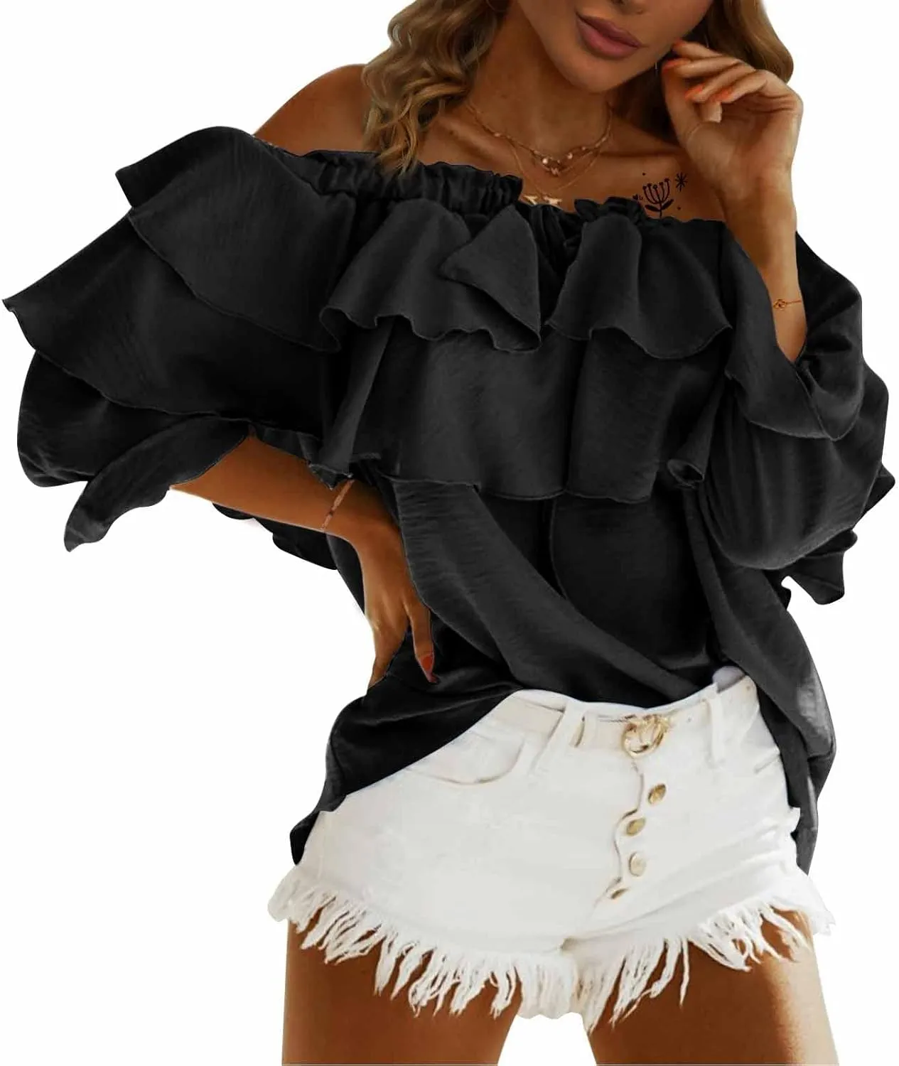 Byinns Women's Off Shoulder Ruffle Trendy Summer Fashion Long Sleeve Blouse Sexy Dressy Casual Outfits Layered Tops