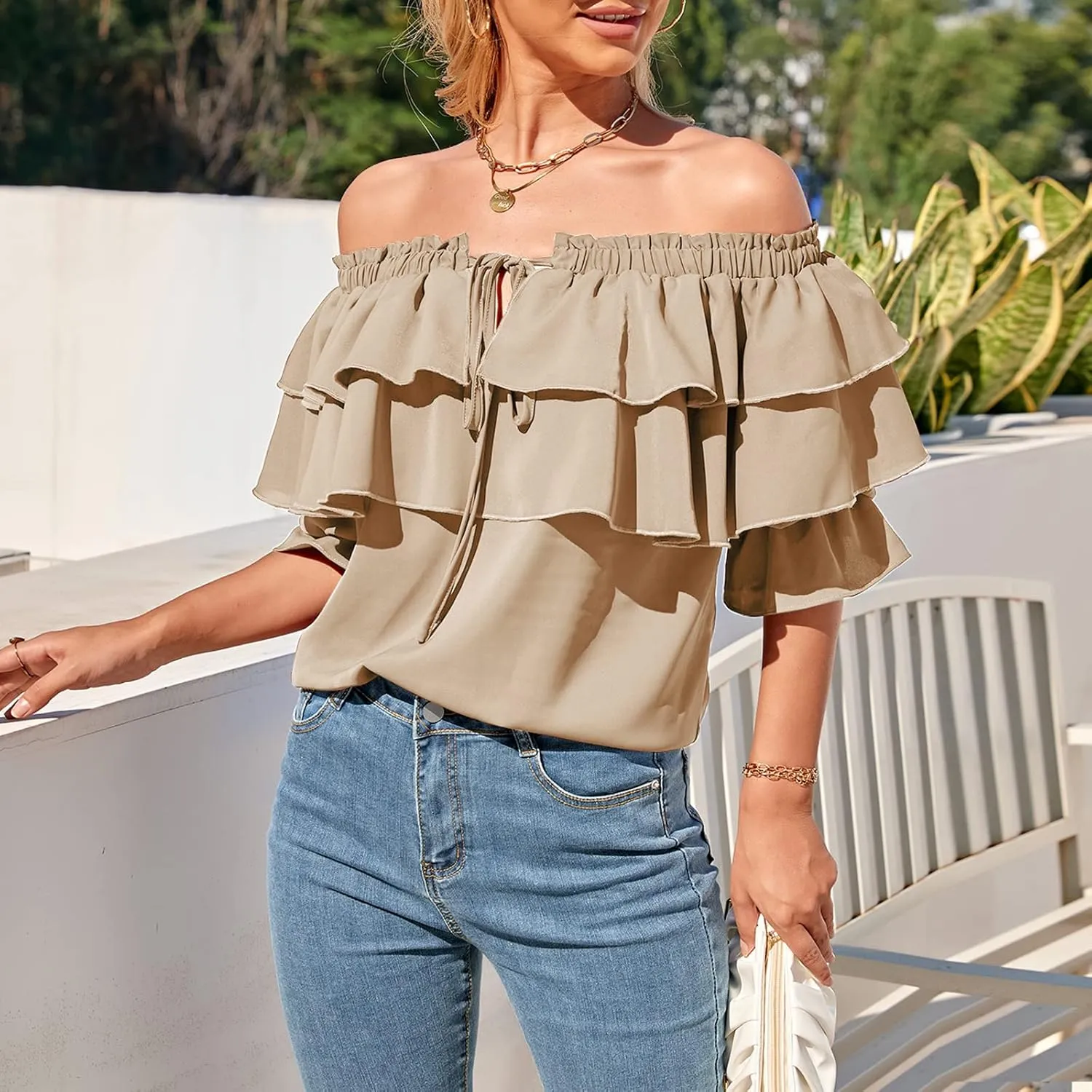Byinns Women's Off Shoulder Ruffle Trendy Summer Fashion Long Sleeve Blouse Sexy Dressy Casual Outfits Layered Tops