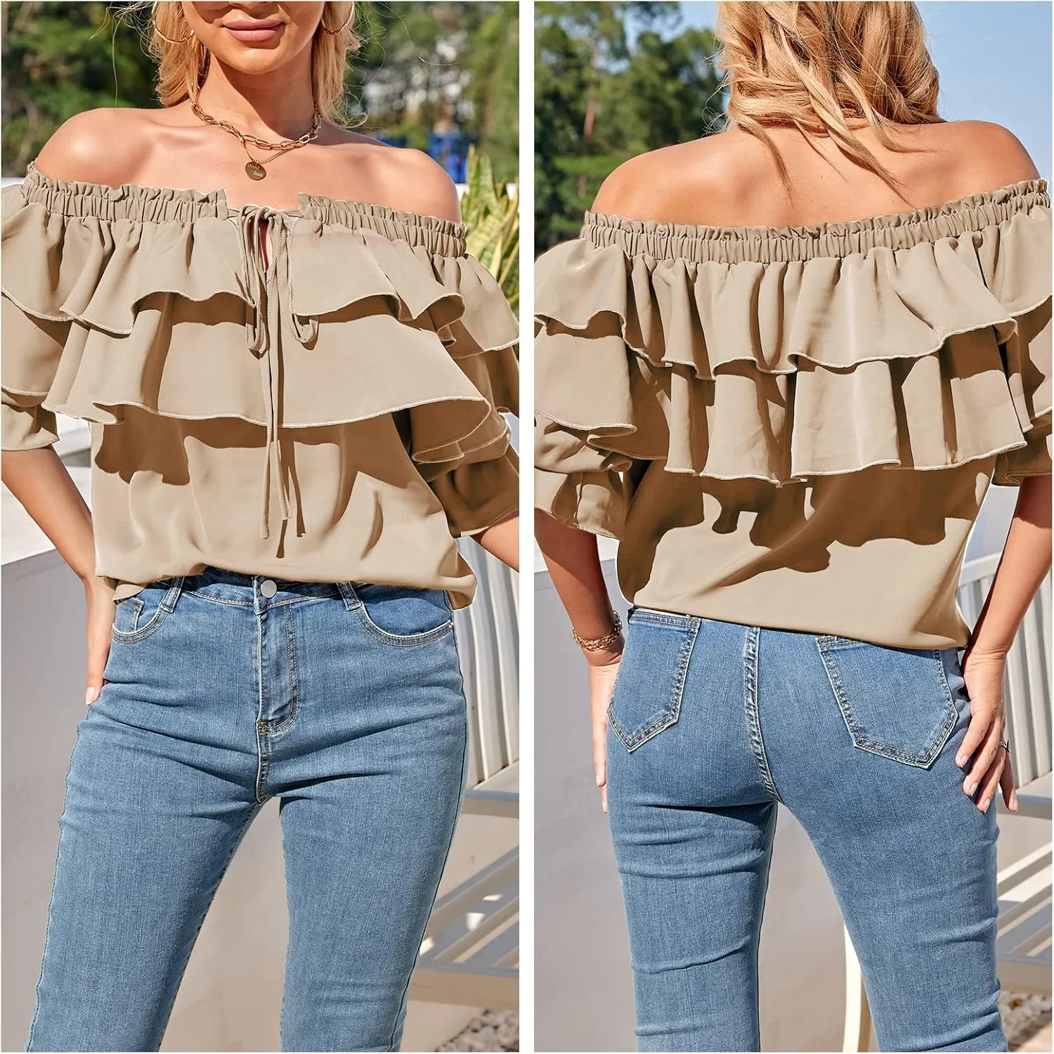 Byinns Women's Off Shoulder Ruffle Trendy Summer Fashion Long Sleeve Blouse Sexy Dressy Casual Outfits Layered Tops
