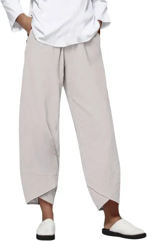 Capri Linen Pants for Women Summer Casual Wide Leg Pants Loose Fit Palazzo Pants Elastic Waist Cropped Trousers