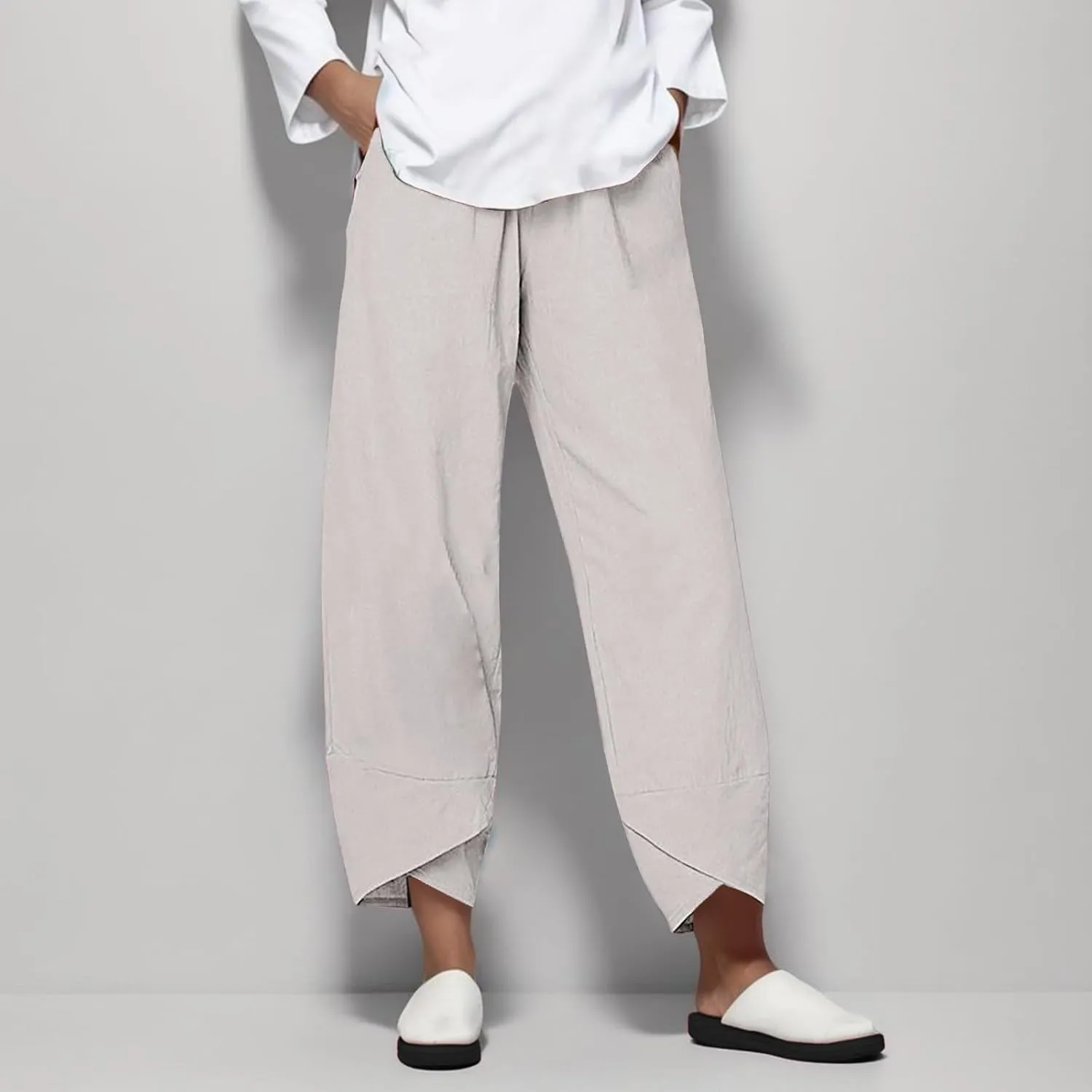 Capri Linen Pants for Women Summer Casual Wide Leg Pants Loose Fit Palazzo Pants Elastic Waist Cropped Trousers