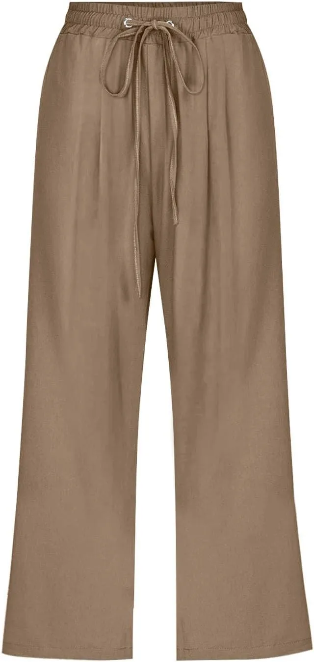 Capri Pants for Women Casual 20235 Summer Drawstring Elastic High Waist Linen Capri Straight Wide Leg Cropped Trousers
