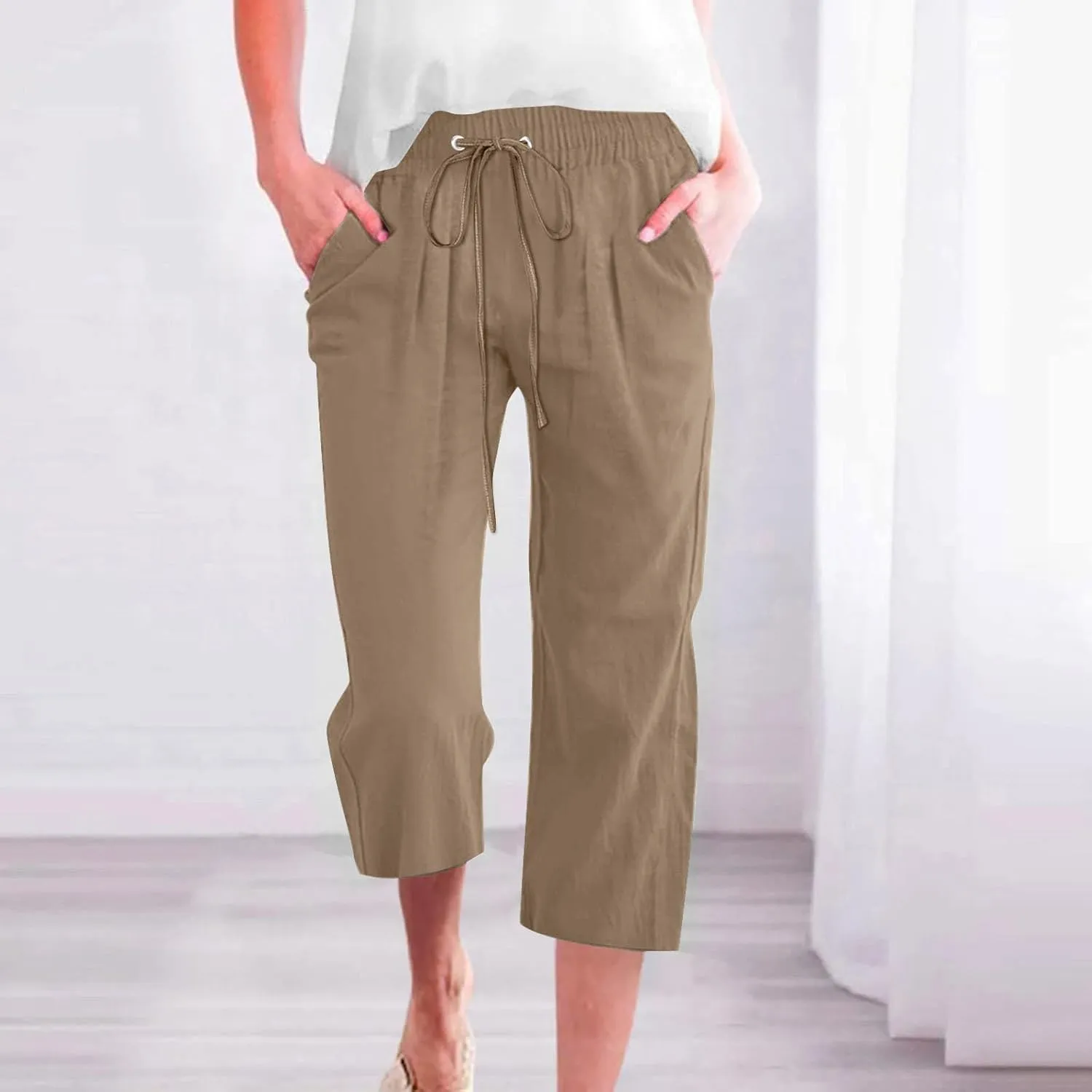 Capri Pants for Women Casual 20235 Summer Drawstring Elastic High Waist Linen Capri Straight Wide Leg Cropped Trousers