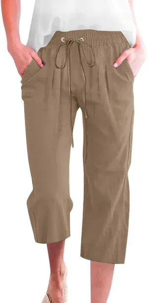 Capri Pants for Women Casual 20235 Summer Drawstring Elastic High Waist Linen Capri Straight Wide Leg Cropped Trousers