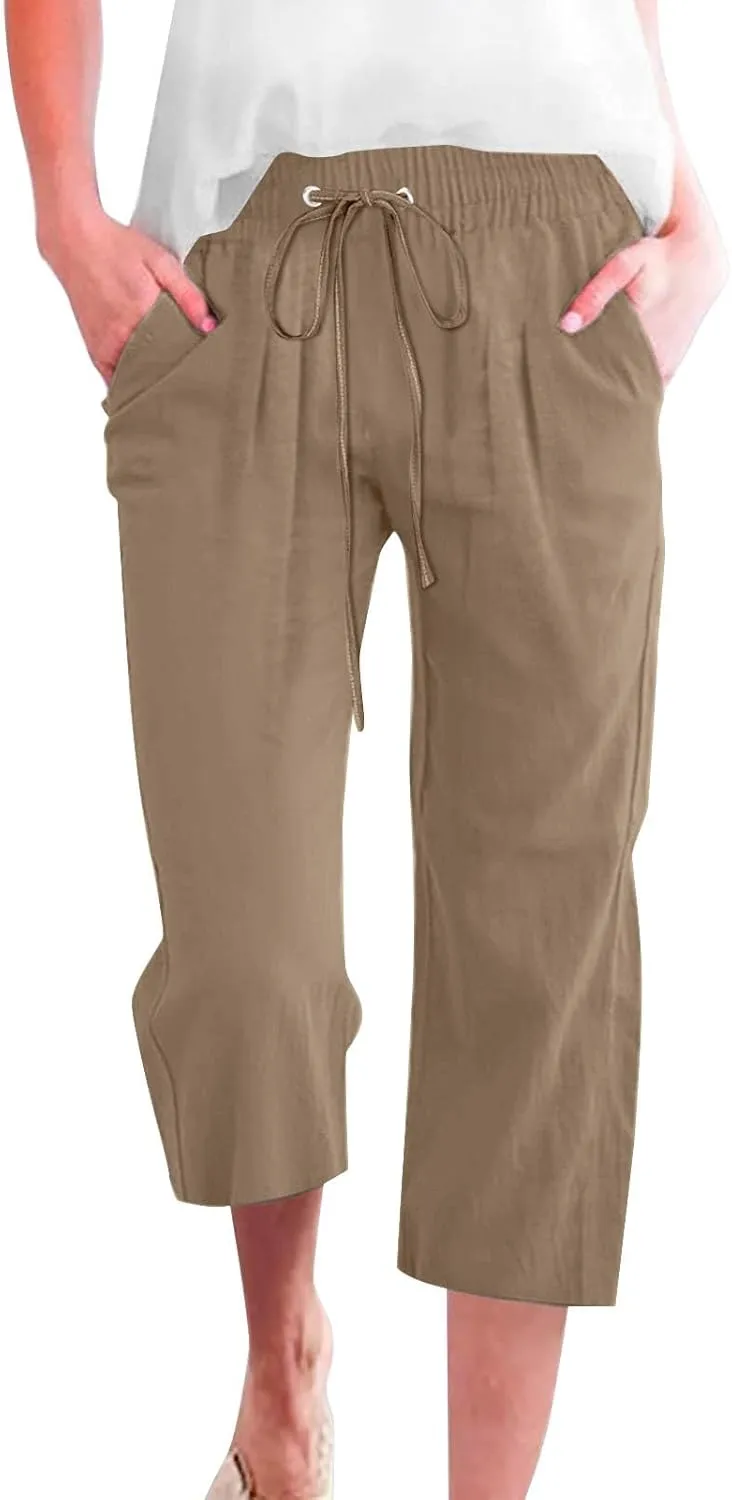 Capri Pants for Women Casual 20235 Summer Drawstring Elastic High Waist Linen Capri Straight Wide Leg Cropped Trousers
