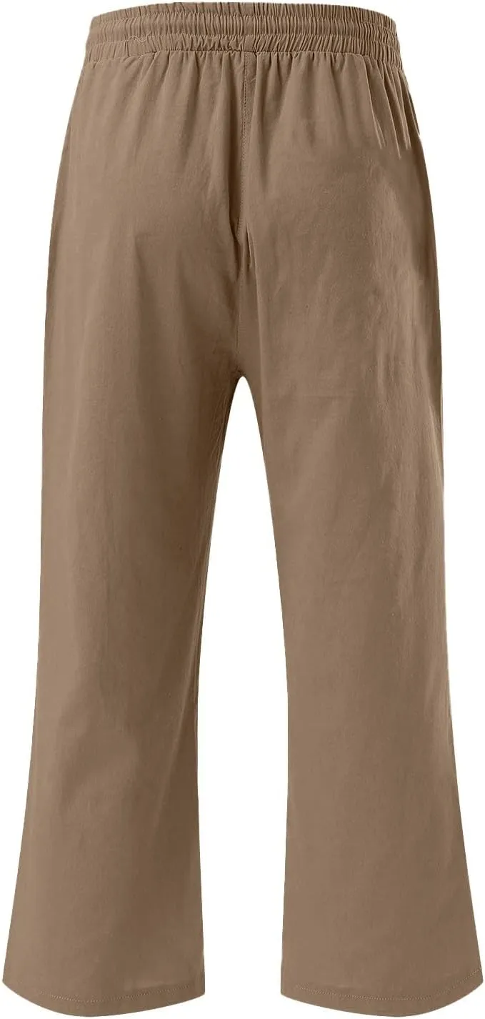 Capri Pants for Women Casual 20235 Summer Drawstring Elastic High Waist Linen Capri Straight Wide Leg Cropped Trousers