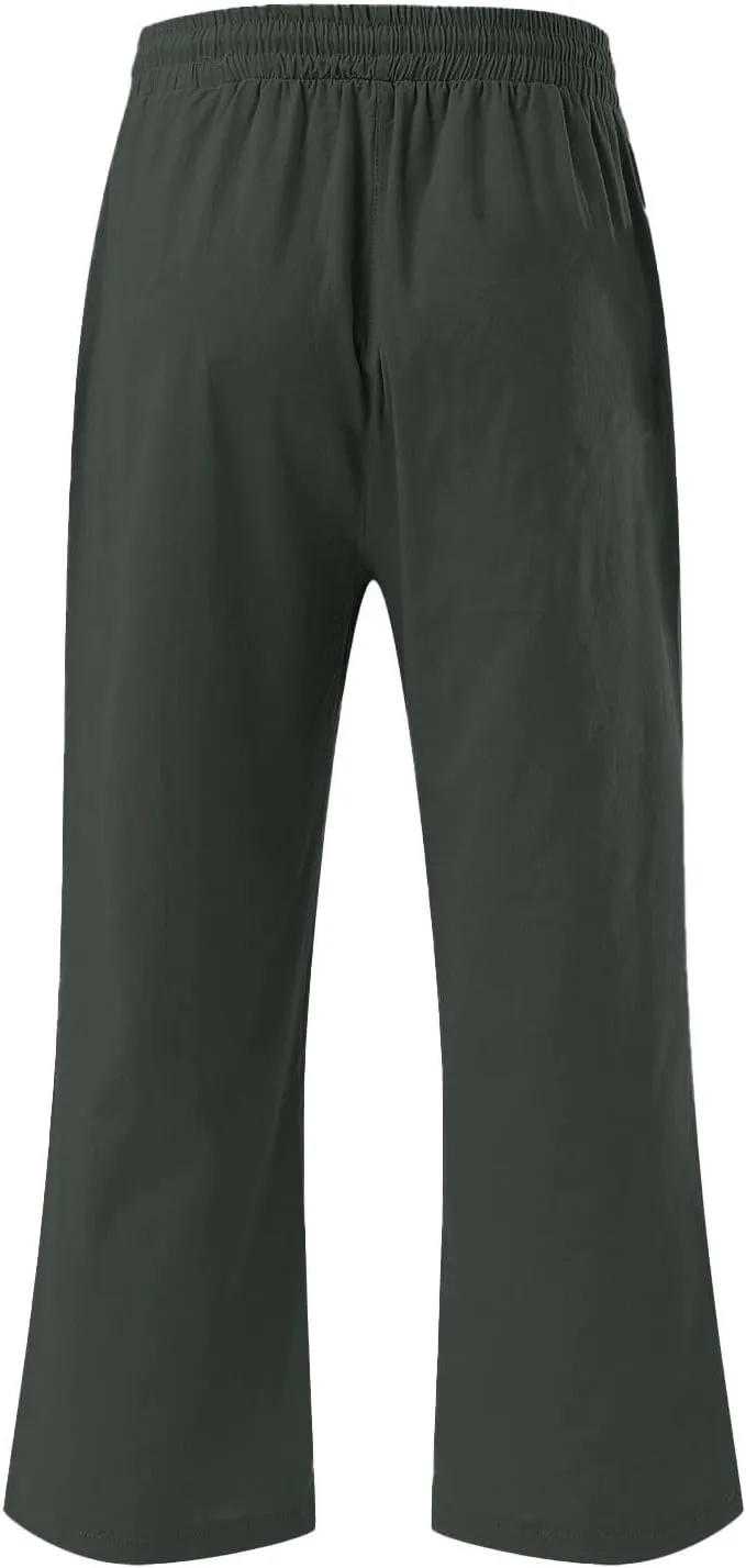 Capri Pants for Women Casual 20235 Summer Drawstring Elastic High Waist Linen Capri Straight Wide Leg Cropped Trousers