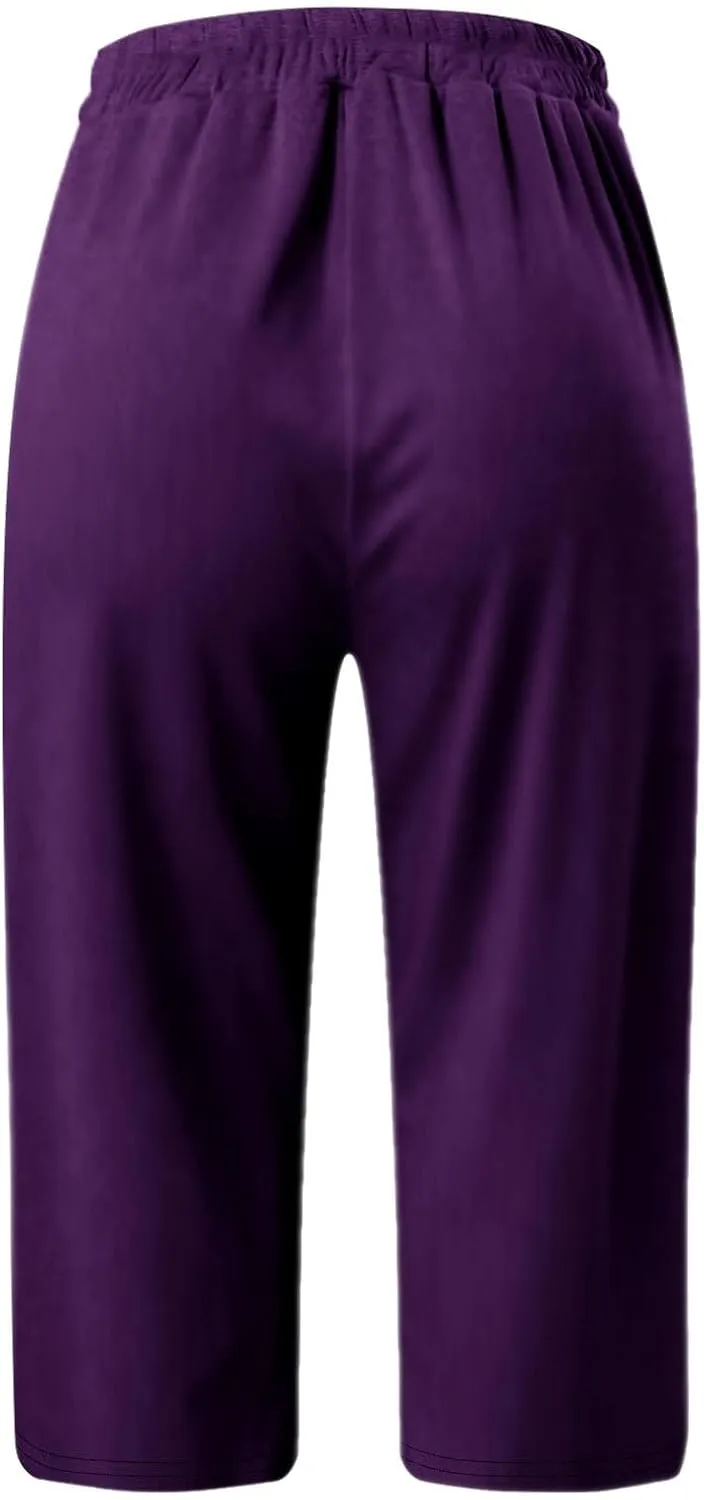 Capri Pants for Women Casual Summer Drawstring Elastic High Waist Casual Hiking Pant Straight Leg Cropped Trouser