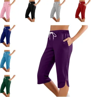 Capri Pants for Women Casual Summer Drawstring Elastic High Waist Casual Hiking Pant Straight Leg Cropped Trouser