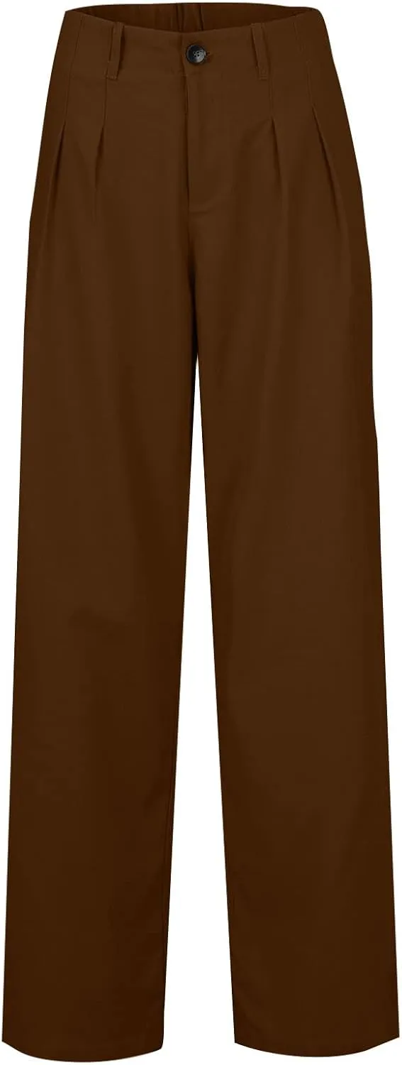 Cargo Pants for Women Casual Solid Pant Straight High Waist Buttons Pleated Trousers Wide Leg Sweatpants with Pocket