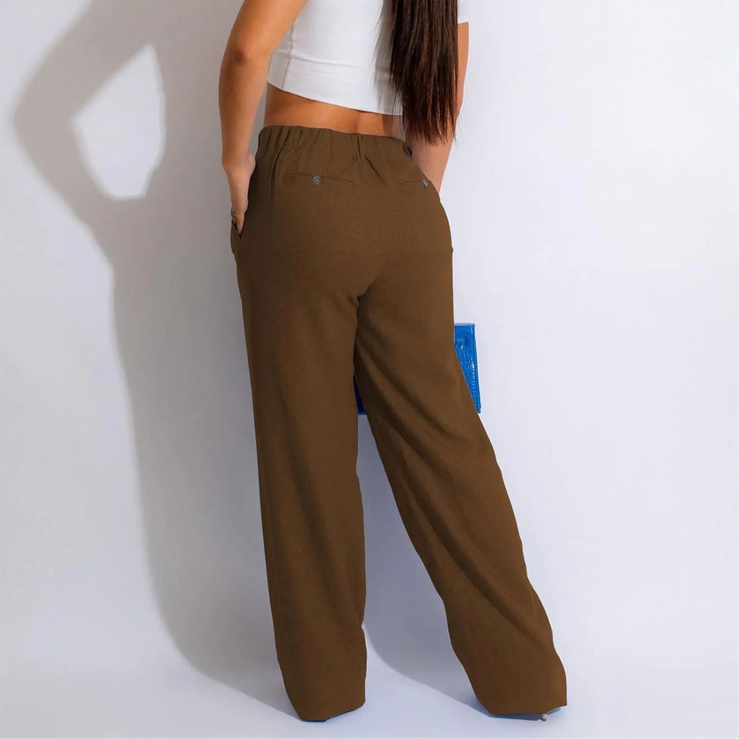 Cargo Pants for Women Casual Solid Pant Straight High Waist Buttons Pleated Trousers Wide Leg Sweatpants with Pocket