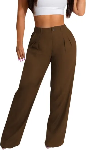 Cargo Pants for Women Casual Solid Pant Straight High Waist Buttons Pleated Trousers Wide Leg Sweatpants with Pocket
