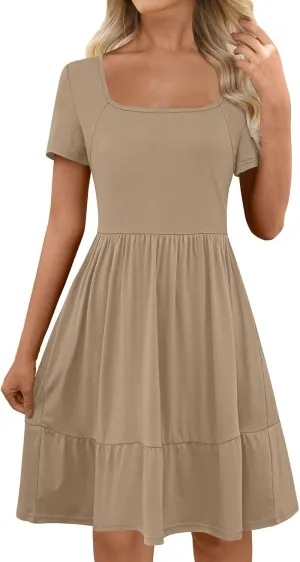 Casual Dresses for Women Flowy Pleated Summer Dress Short Sleeve Elegant Dresses Square Neck Vacation Dress 2025