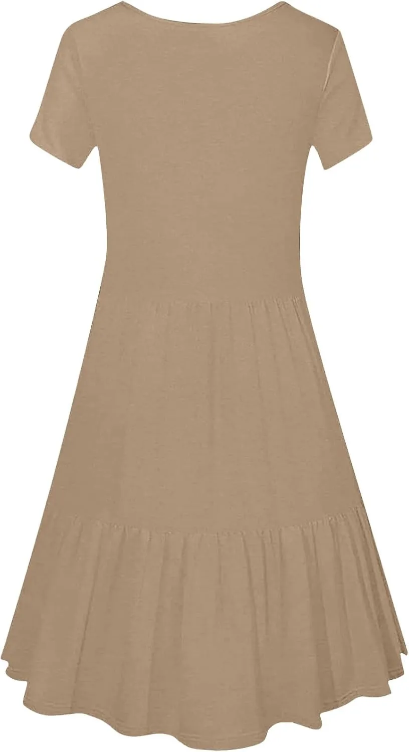 Casual Dresses for Women Flowy Pleated Summer Dress Short Sleeve Elegant Dresses Square Neck Vacation Dress 2025