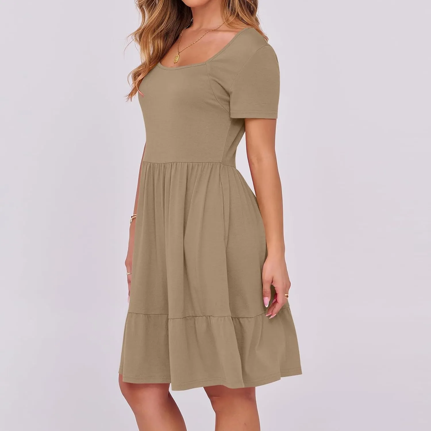 Casual Dresses for Women Flowy Pleated Summer Dress Short Sleeve Elegant Dresses Square Neck Vacation Dress 2025