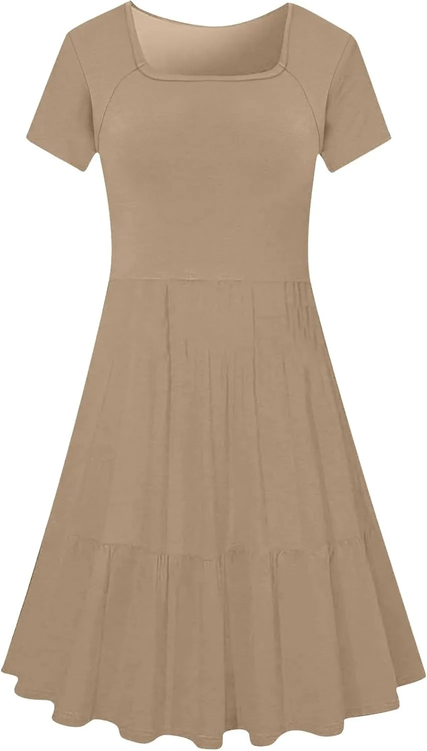 Casual Dresses for Women Flowy Pleated Summer Dress Short Sleeve Elegant Dresses Square Neck Vacation Dress 2025