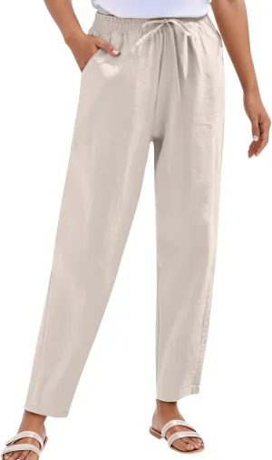 Casual Linen Pants for Women 2025 Summer Straight Leg Pant Drawstring High Waist Loose Comfy Cotton Beach Trousers