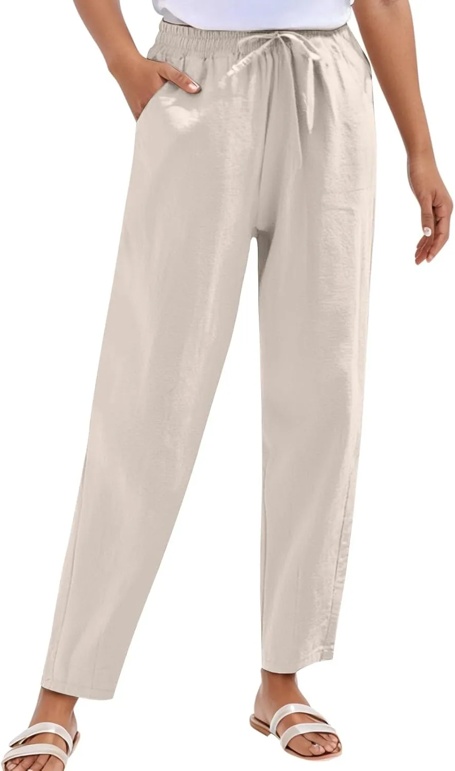Casual Linen Pants for Women 2025 Summer Straight Leg Pant Drawstring High Waist Loose Comfy Cotton Beach Trousers