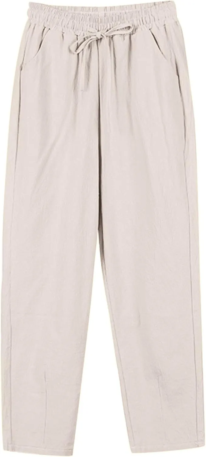 Casual Linen Pants for Women 2025 Summer Straight Leg Pant Drawstring High Waist Loose Comfy Cotton Beach Trousers