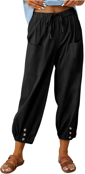 Ceboyel Womens Drawstring Linen Pants High Waist Boho Pant Summer Casual Trousers Dressy Casual Beach Outfits 2023