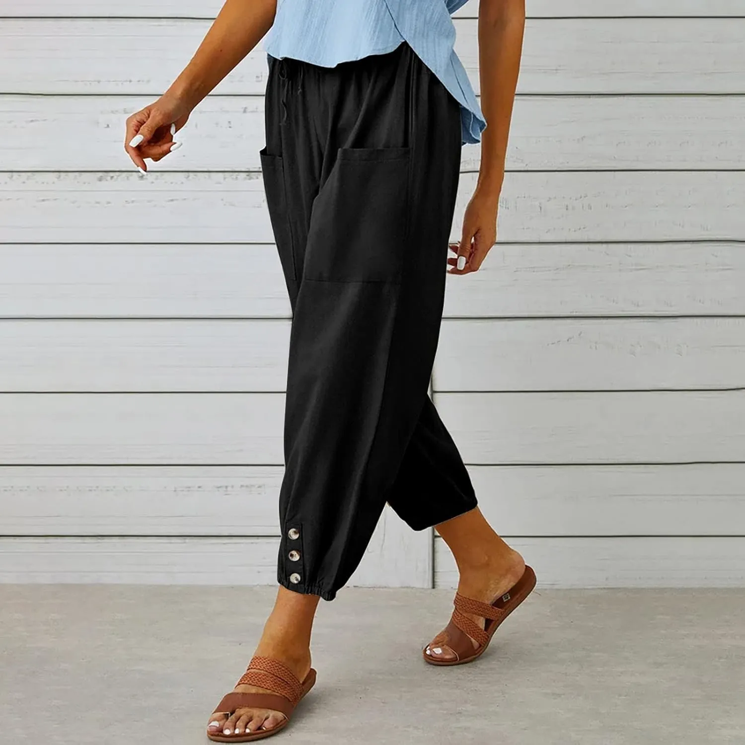 Ceboyel Womens Drawstring Linen Pants High Waist Boho Pant Summer Casual Trousers Dressy Casual Beach Outfits 2023