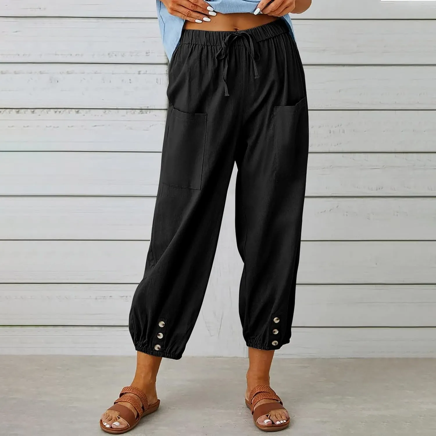 Ceboyel Womens Drawstring Linen Pants High Waist Boho Pant Summer Casual Trousers Dressy Casual Beach Outfits 2023