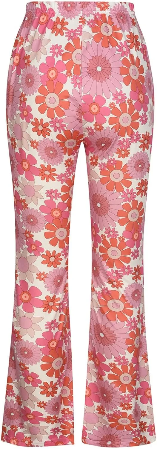 Ceboyel Womens Floral Print Boho Flare Pants Bell Bottoms Trousers High Elastic Waist Palazzo Lounge Pants 70S Outfits