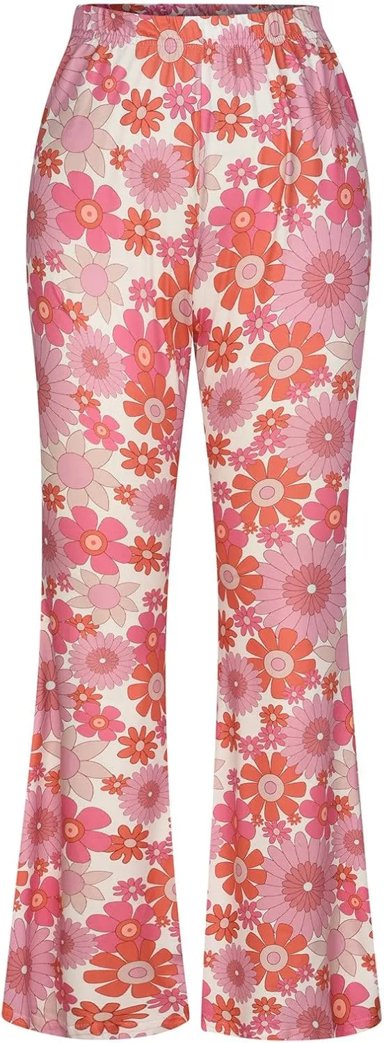 Ceboyel Womens Floral Print Boho Flare Pants Bell Bottoms Trousers High Elastic Waist Palazzo Lounge Pants 70S Outfits
