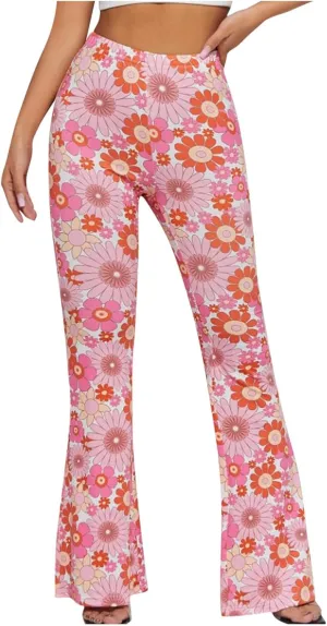 Ceboyel Womens Floral Print Boho Flare Pants Bell Bottoms Trousers High Elastic Waist Palazzo Lounge Pants 70S Outfits