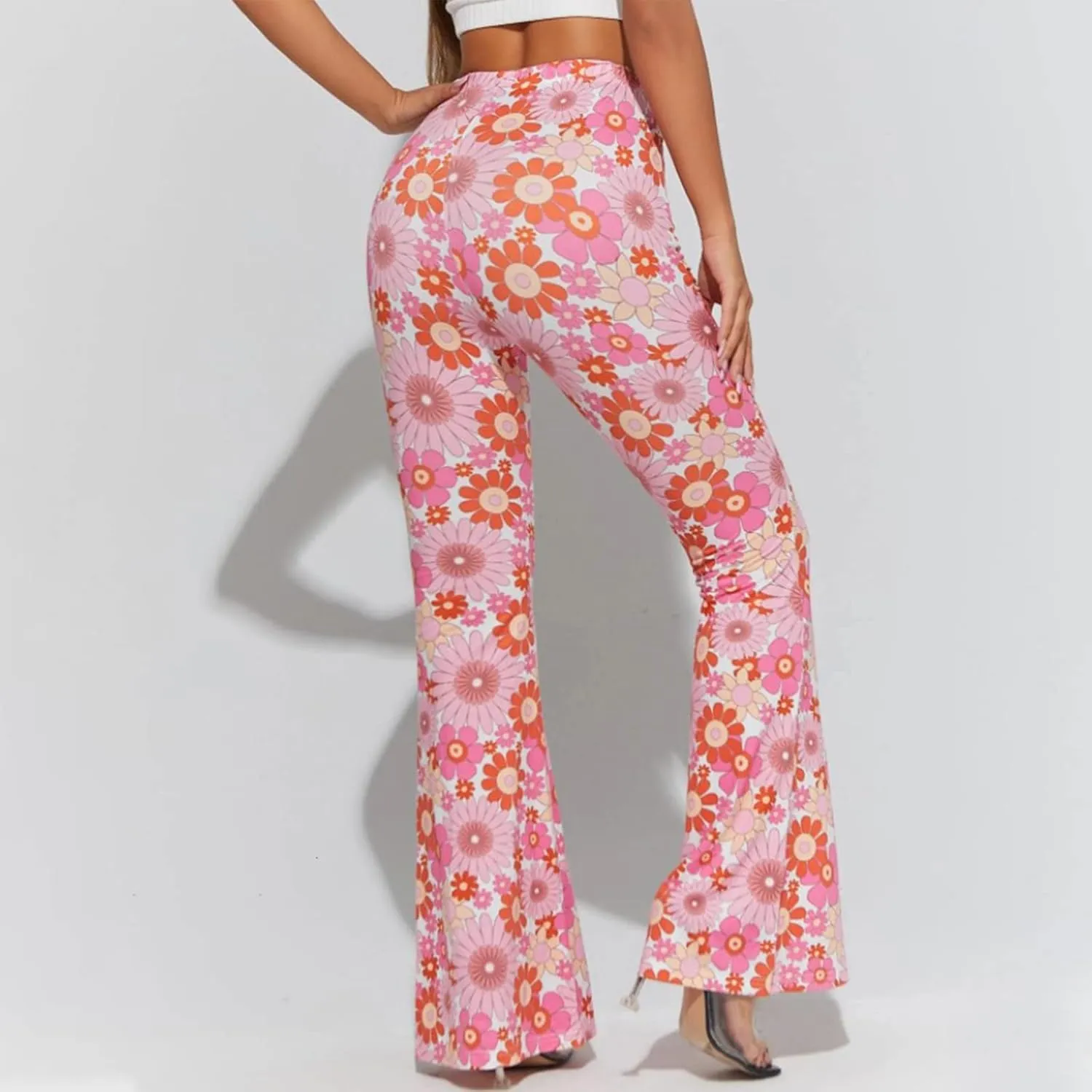 Ceboyel Womens Floral Print Boho Flare Pants Bell Bottoms Trousers High Elastic Waist Palazzo Lounge Pants 70S Outfits