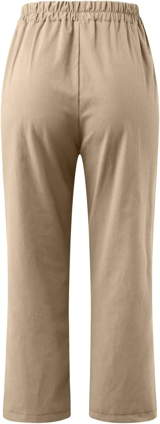 Ceboyel Womens High Waist Elastic Waist Pants Cotton Linen Summer Pant Ankle Length Comfy Trousers Boho Travel Clothes