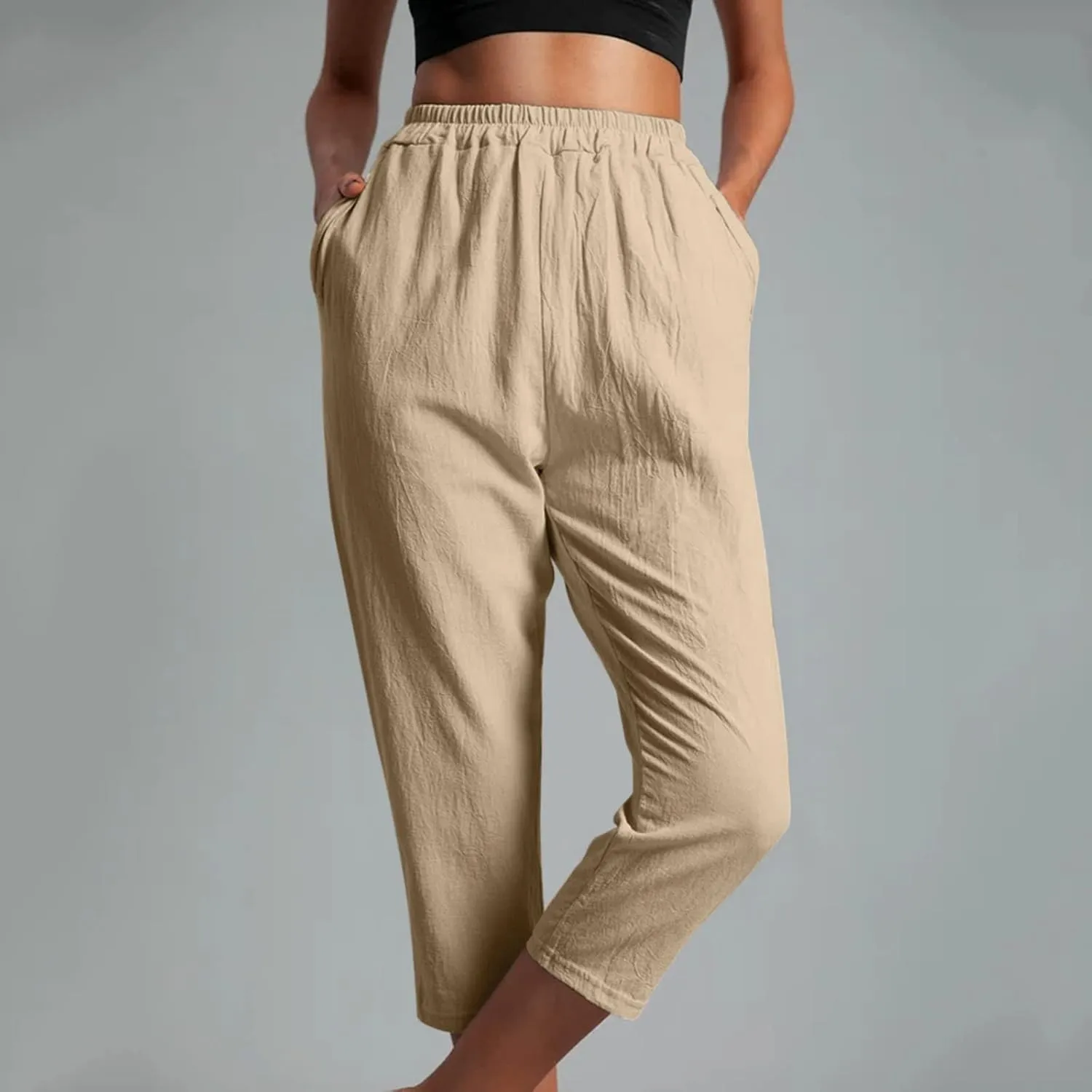 Ceboyel Womens High Waist Elastic Waist Pants Cotton Linen Summer Pant Ankle Length Comfy Trousers Boho Travel Clothes
