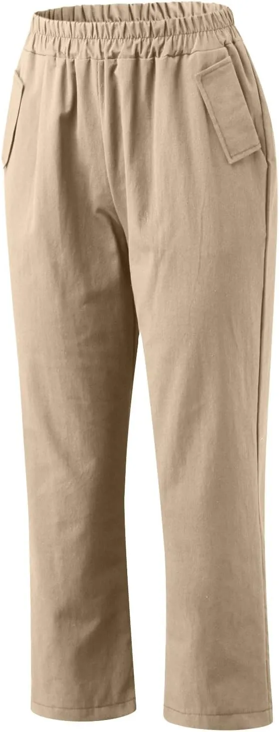 Ceboyel Womens High Waist Elastic Waist Pants Cotton Linen Summer Pant Ankle Length Comfy Trousers Boho Travel Clothes