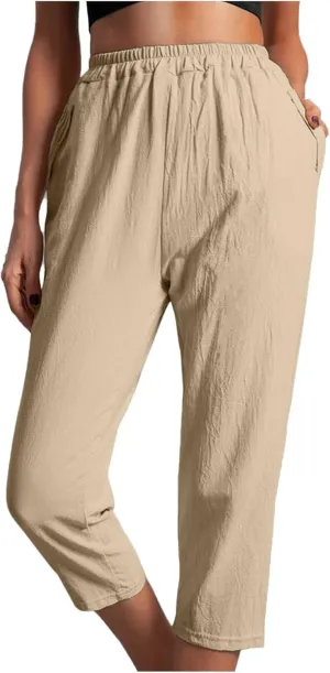 Ceboyel Womens High Waist Elastic Waist Pants Cotton Linen Summer Pant Ankle Length Comfy Trousers Boho Travel Clothes