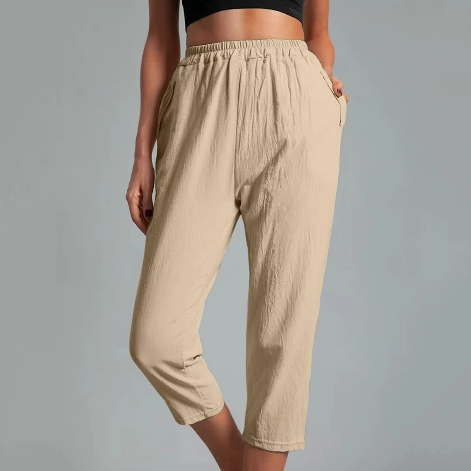Ceboyel Womens High Waist Elastic Waist Pants Cotton Linen Summer Pant Ankle Length Comfy Trousers Boho Travel Clothes