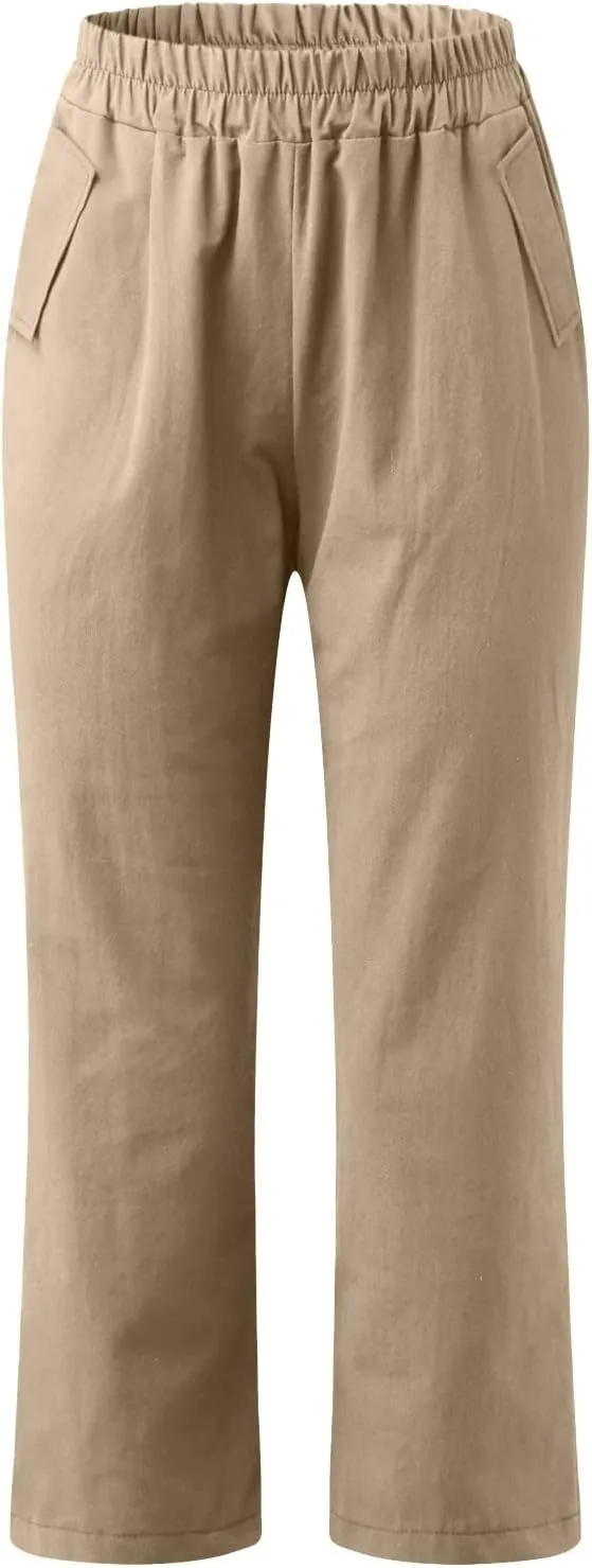 Ceboyel Womens High Waist Elastic Waist Pants Cotton Linen Summer Pant Ankle Length Comfy Trousers Boho Travel Clothes