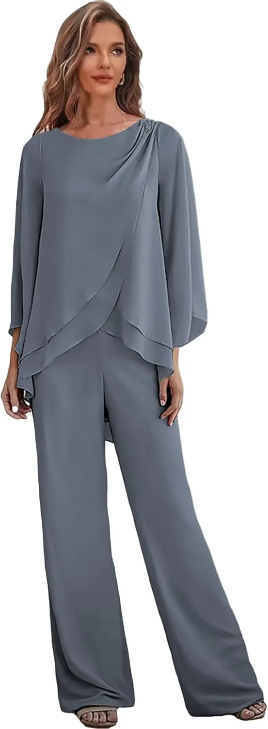 Chiffon Long Mother of The Bride Pant Suits for Wedding 2 Pieces Formal Dress with Sleeves Ruffle Outfit Set