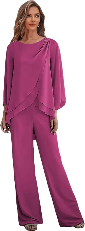 Chiffon Long Mother of The Bride Pant Suits for Wedding 2 Pieces Formal Dress with Sleeves Ruffle Outfit Set