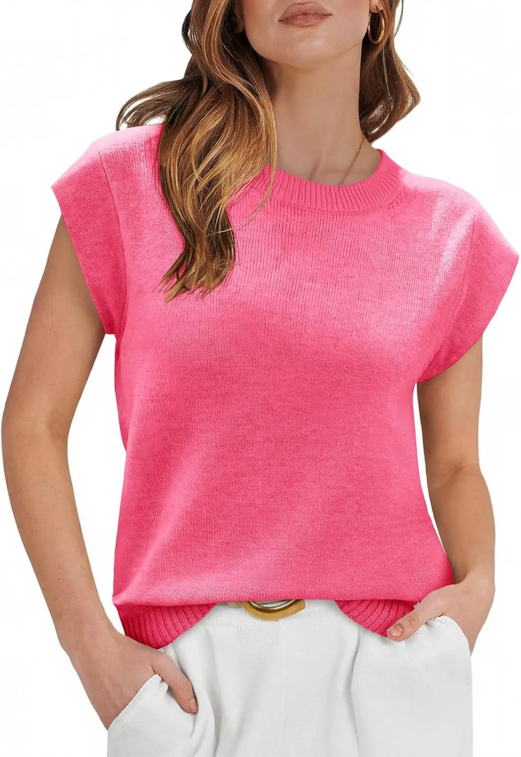 Cicy Bell Womens Cap Sleeve Sweater Vest Summer Casual Sleeveless Knit Tank Tops Loose Fit Crew Neck Shirts Pullover