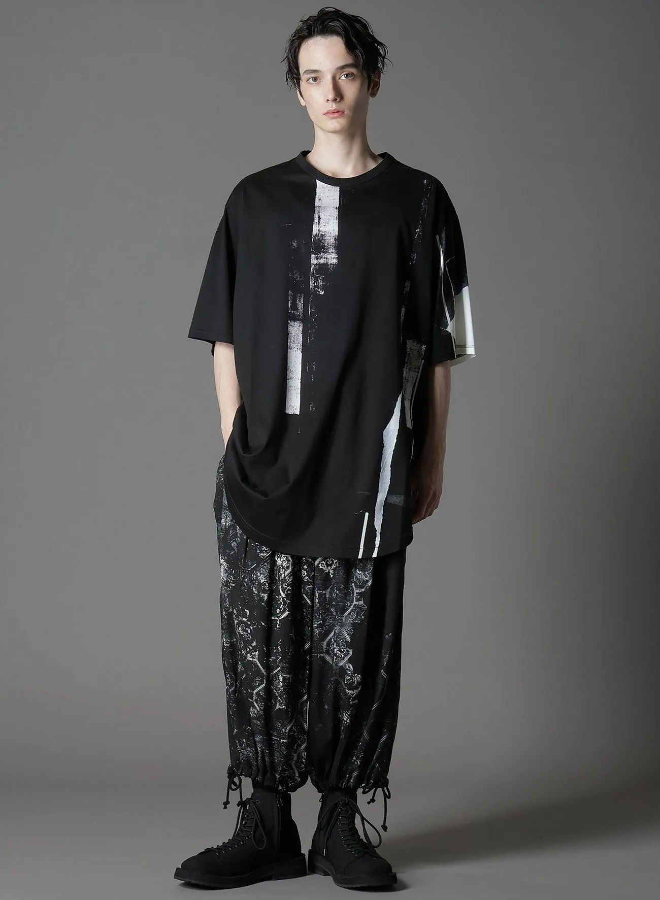 COTTON JERSEY TORN PATTERN HEM ROUND JUMBO T-SHIRT SHORT SLEEVES